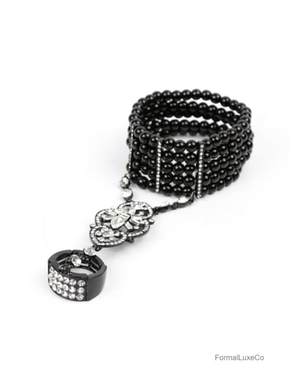 1920s Vintage Flapper Stretch Link Bracelet with Faux Pearl Rhinestone Hand